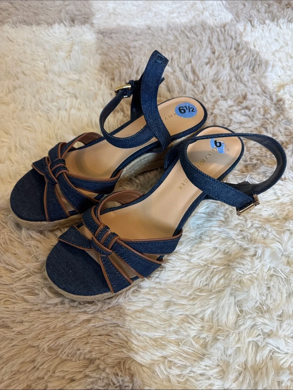 Tommy Hilfiger Navy Blue Wedge Sandals with Brown Trim